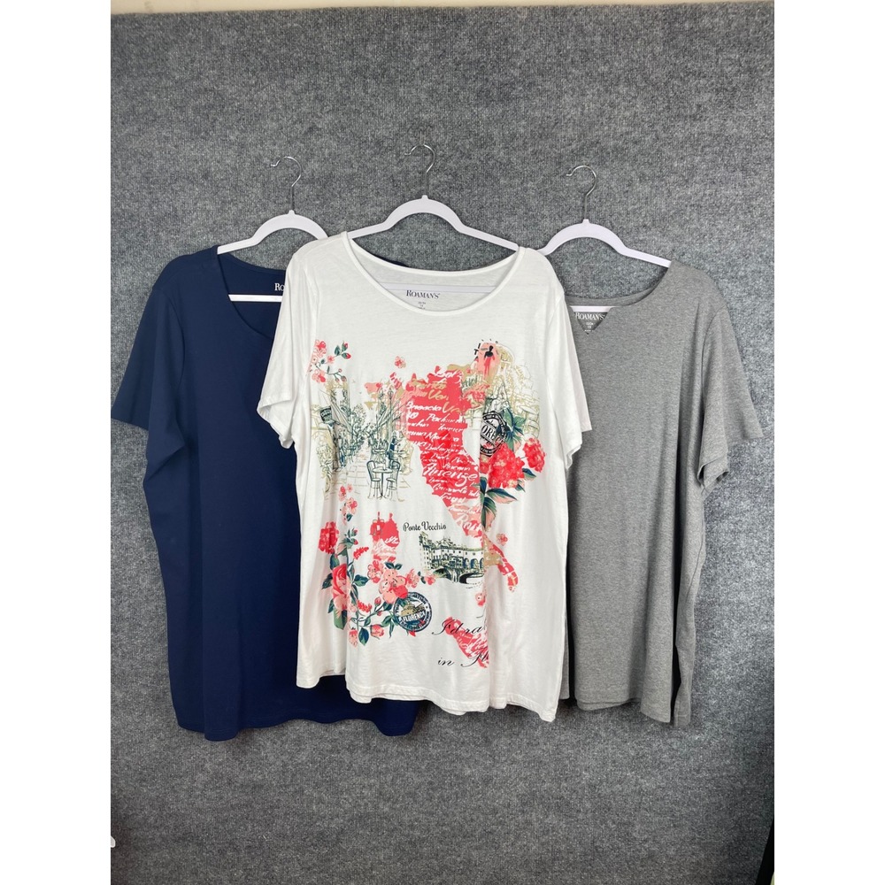 Roaman's T-Shirt Bundle Women's 1X Multicolor Graphic V-Neck 3 Pack